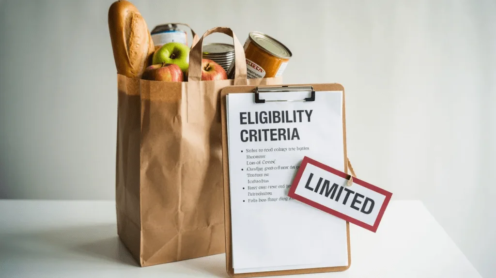 Grocery bag and eligibility checklist illustrating that Medicare Advantage food benefits are targeted, conditional, and plan-specific.