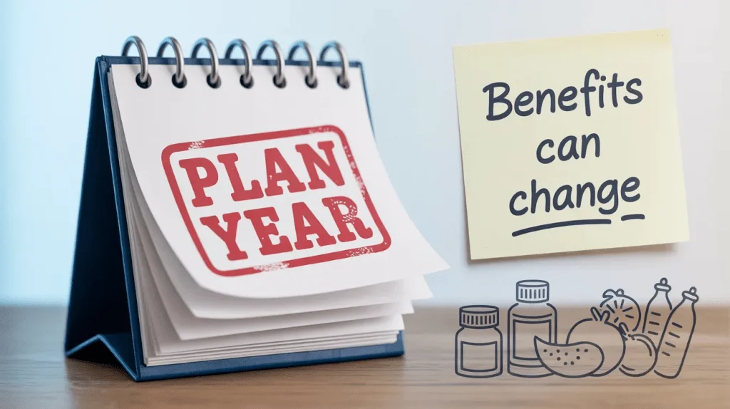 Calendar and note showing Medicare Advantage OTC and grocery benefits can change from year to year and are not guaranteed.