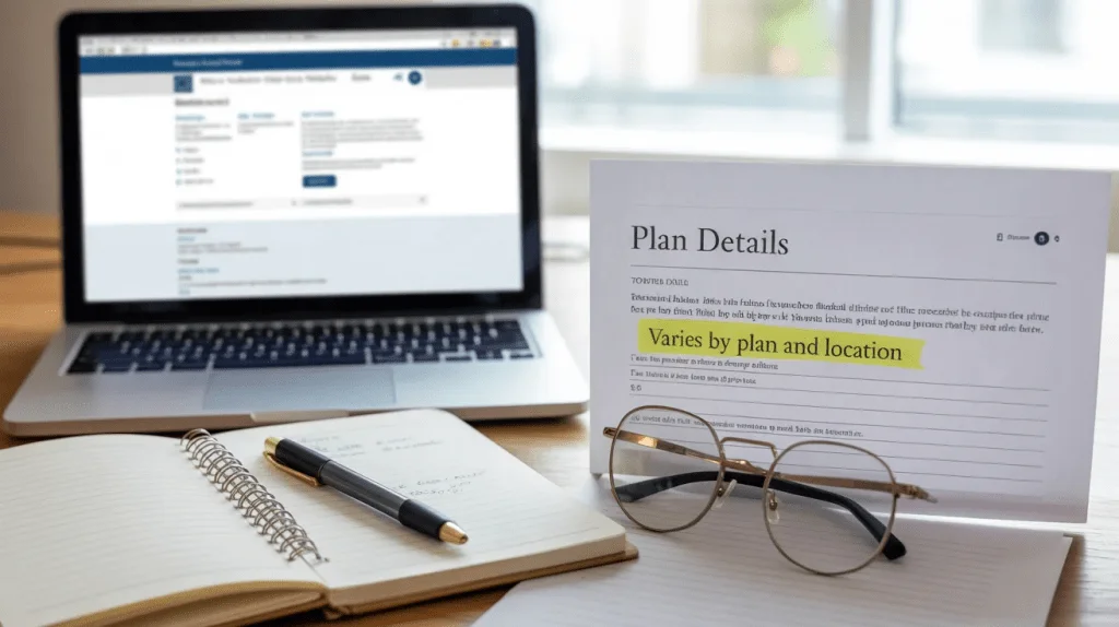 Reading glasses over plan details emphasizing clarity about Medicare Advantage OTC and grocery benefits that vary by plan and location.