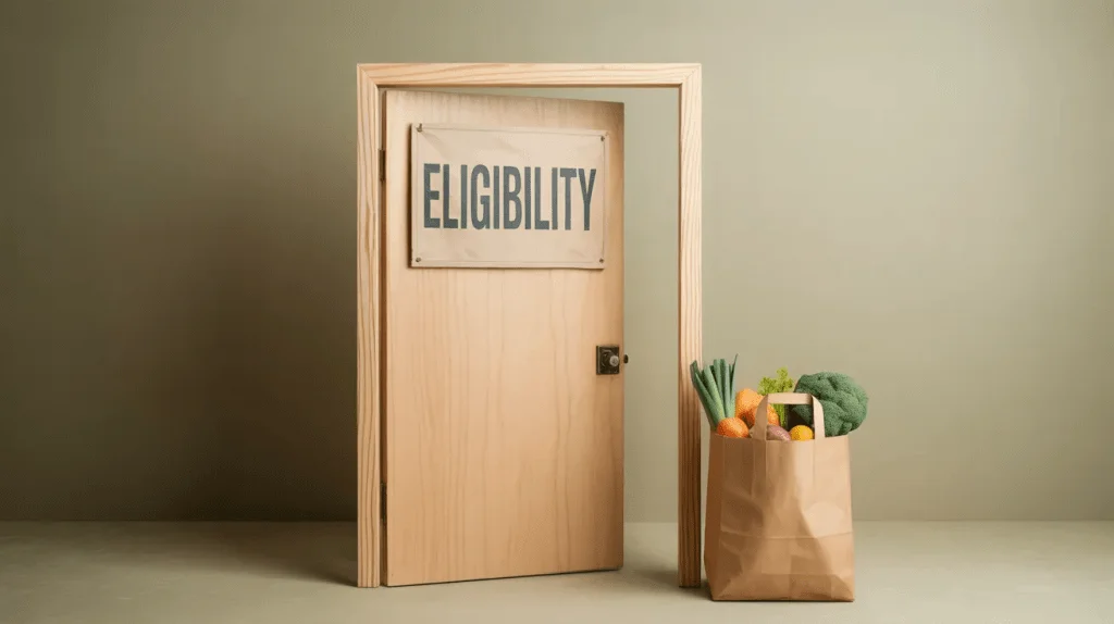 Door labeled eligibility next to a grocery bag, illustrating that Medicare Advantage grocery and food benefits are conditional and depend on plan-specific eligibility.