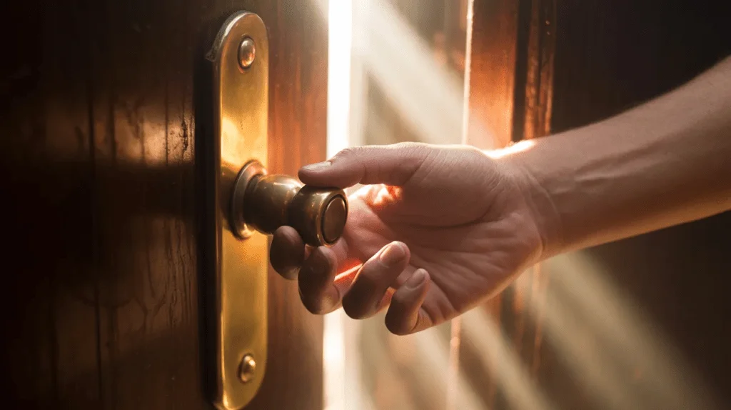 A hand reaches toward a partly open door, representing possible Medigap switching options.