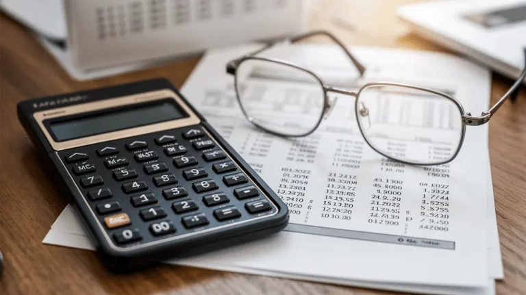 Calculator and reading glasses beside a simple budget worksheet.