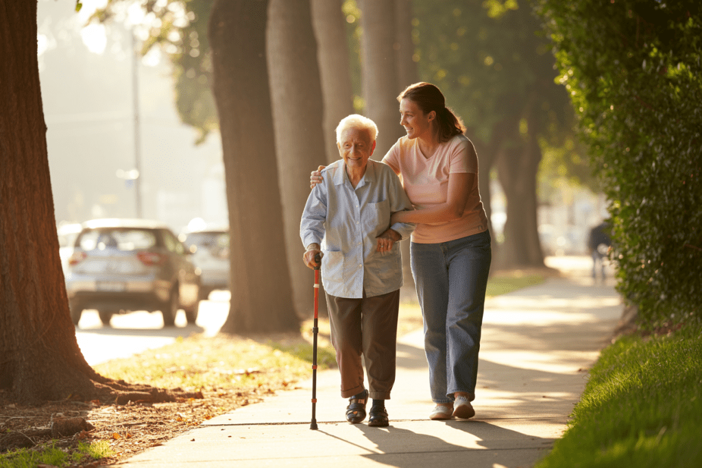 Caregiver and older adult walking slowly outside