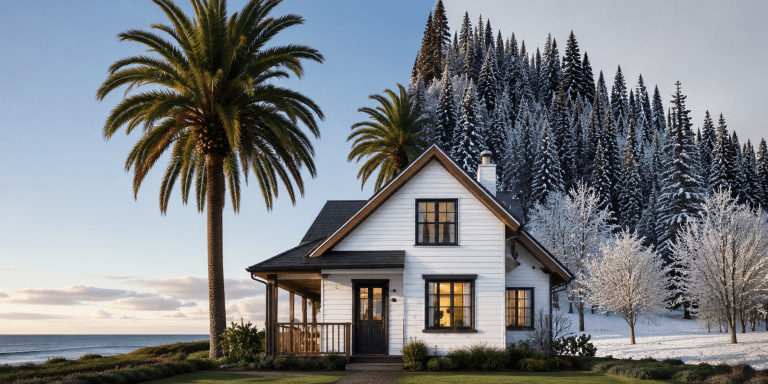 Snowbird Medicare concept showing a coastal Florida-style home with palm trees beside a snowy northern landscape.