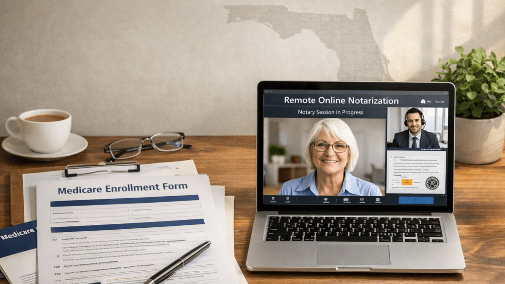 Florida Medicare guidance and nationwide remote online notarization with Medicare enrollment form and virtual notary session on laptop