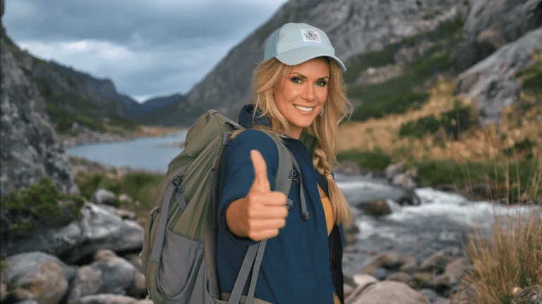 Woman over 50 hiking in Alaska wearing a backpack and giving a thumbs up, representing confident travel and smart packing for an Alaska cruise.