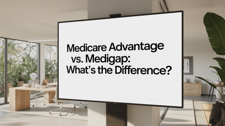 A white presentation screen. The screen displays black text reading "Medicare Advantage vs. Medigap: What's the difference?" The background is a home office in Florida setting.