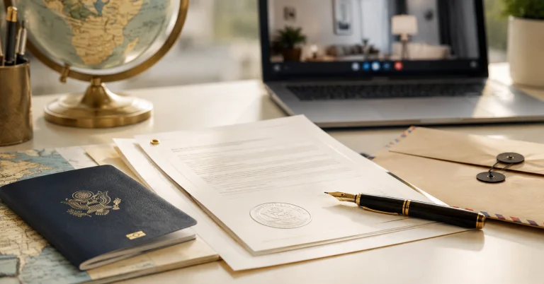 U.S. passport, notarized documents, and international courier envelope on a desk for remote online notarization abroad