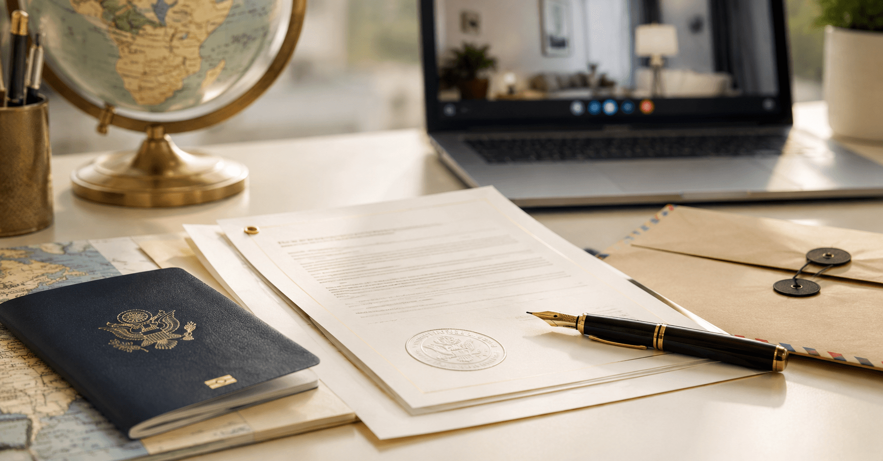 U.S. passport, notarized documents, and international courier envelope on a desk for remote online notarization abroad