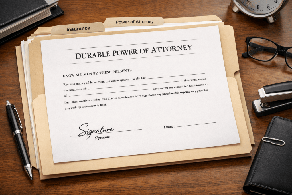 Durable power of attorney document used in retirement estate planning to avoid court guardianship
