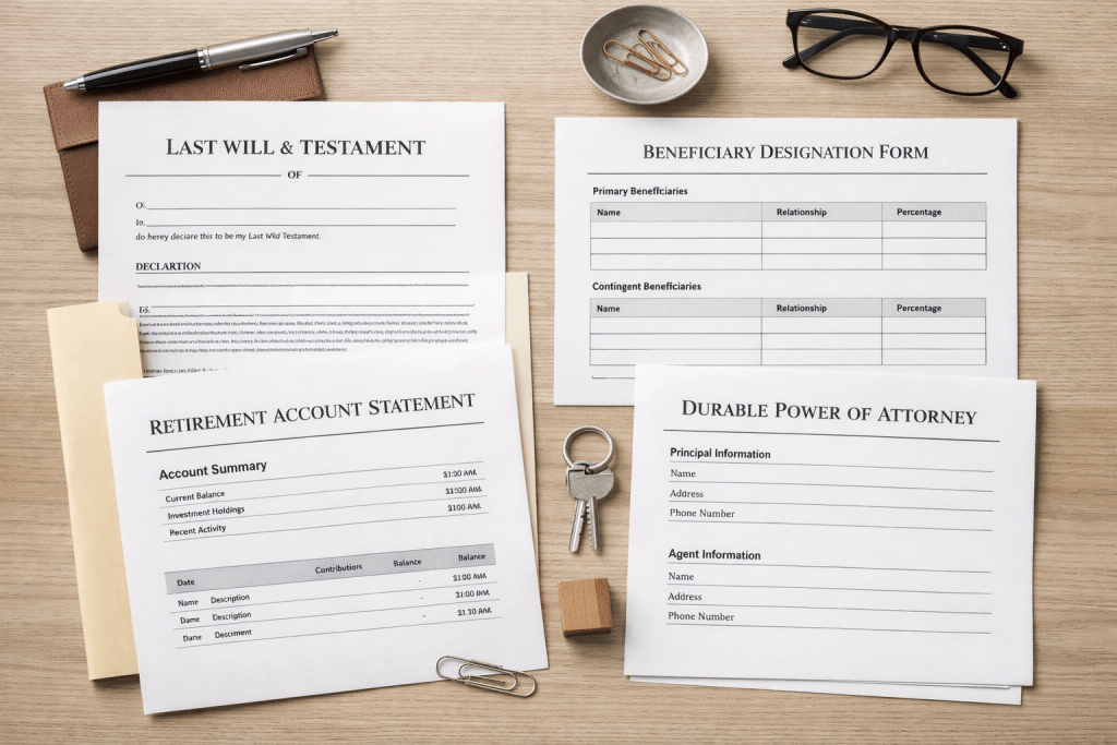 Estate planning alignment showing will, beneficiary forms, retirement accounts, and powers of attorney arranged together
