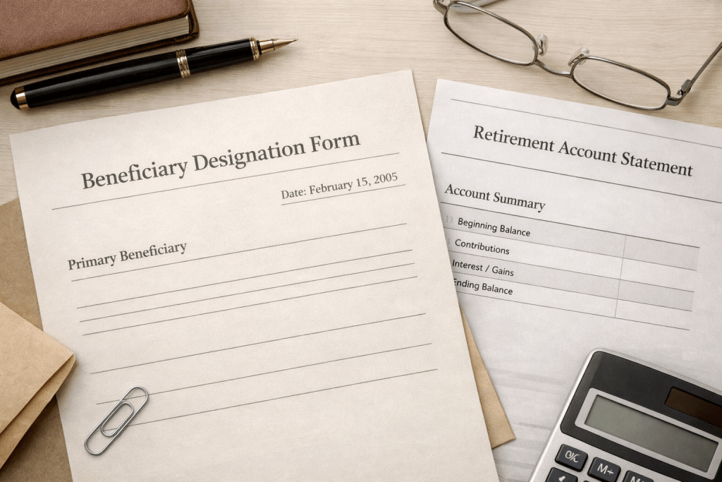 Outdated beneficiary form with old date beside retirement account statement showing common estate planning mistake