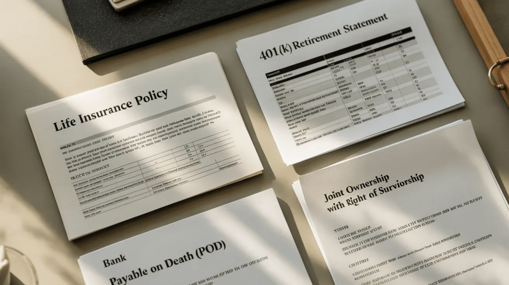 Assets that do not follow your will including life insurance policy, 401k retirement statement, payable on death account, and joint ownership with right of survivorship