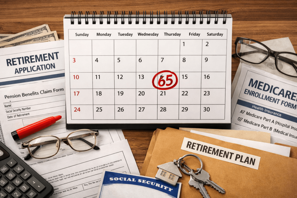 Turning 65 retirement planning review with Medicare enrollment forms, Social Security documents, and retirement paperwork