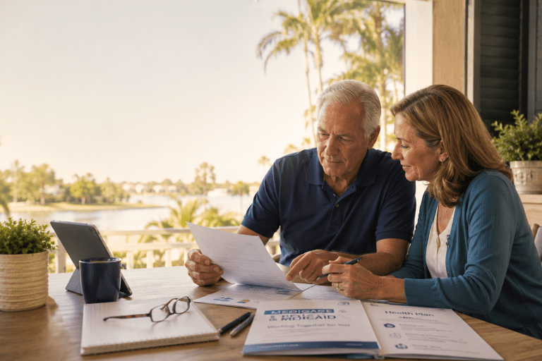 Older couple in Florida reviewing Medicare and Medicaid documents at a table with a tablet and health plan paperwork.