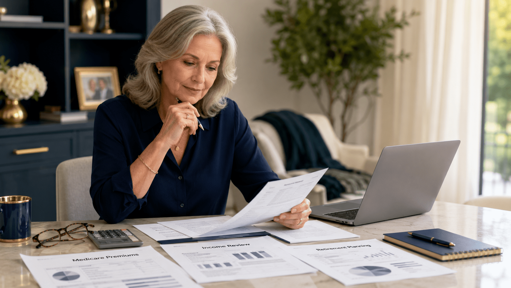 Mature woman reviewing Medicare premiums, income, and retirement-planning documents at an upscale home office desk.