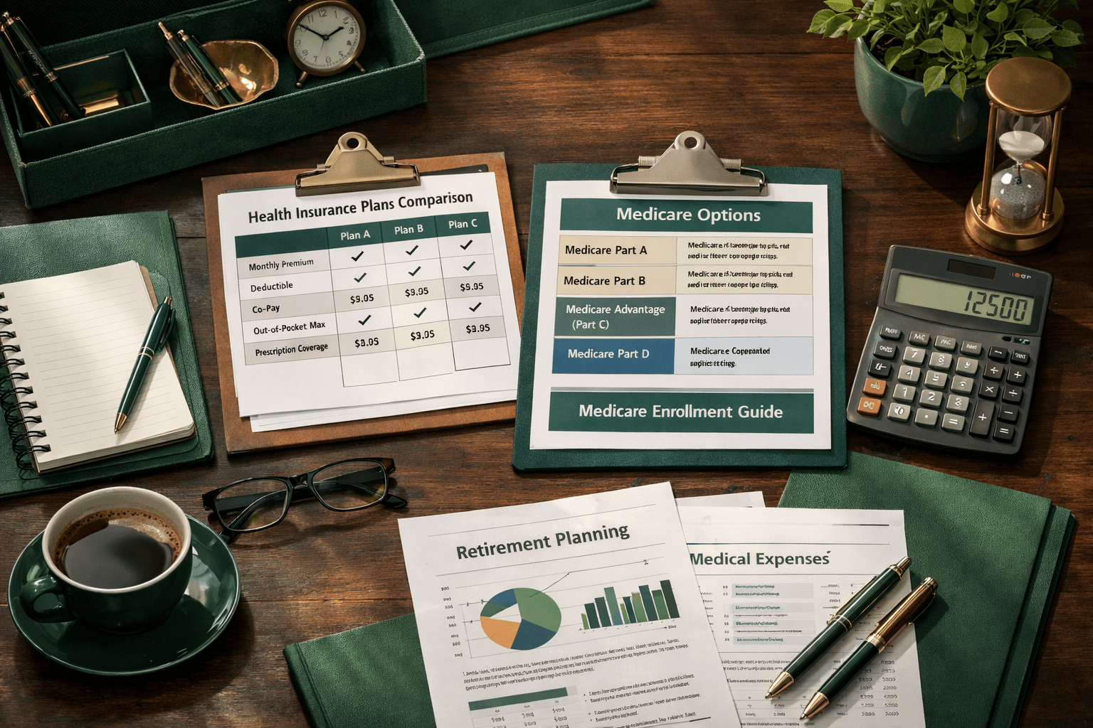 Medicare plan comparison charts and Medicare enrollment guide with retirement planning documents on a desk