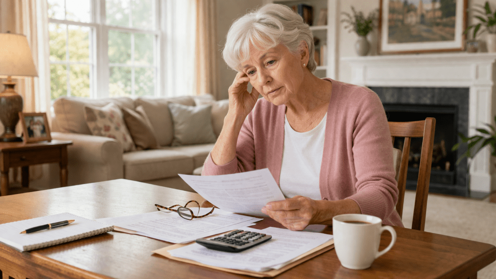 Woman reviewing long term care costs and financial concerns in retirement