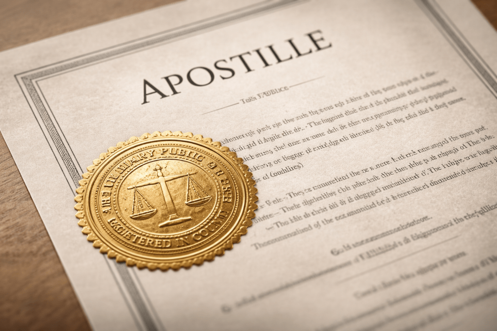 Official apostille certification seal on document for international use