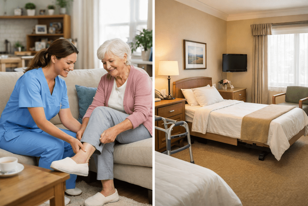 Comparison of home care and nursing home care settings for long term care