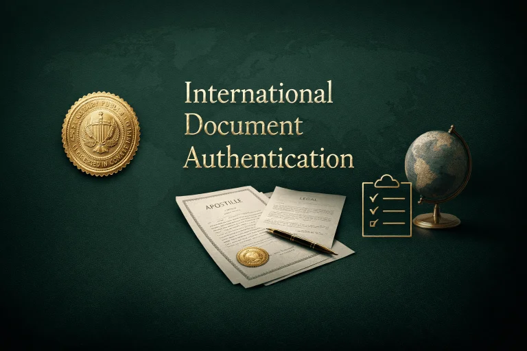 International document authentication with apostille and notary services in a luxury emerald green design