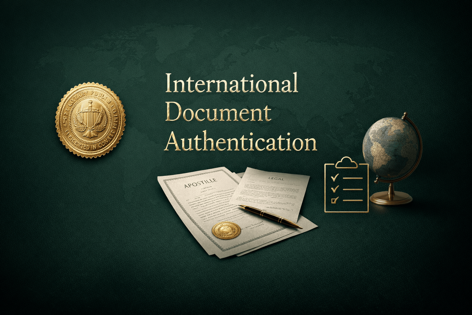 International document authentication with apostille and notary services in a luxury emerald green design