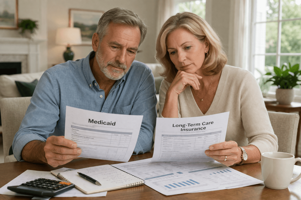 Couple reviewing long term care planning options and financial decisions