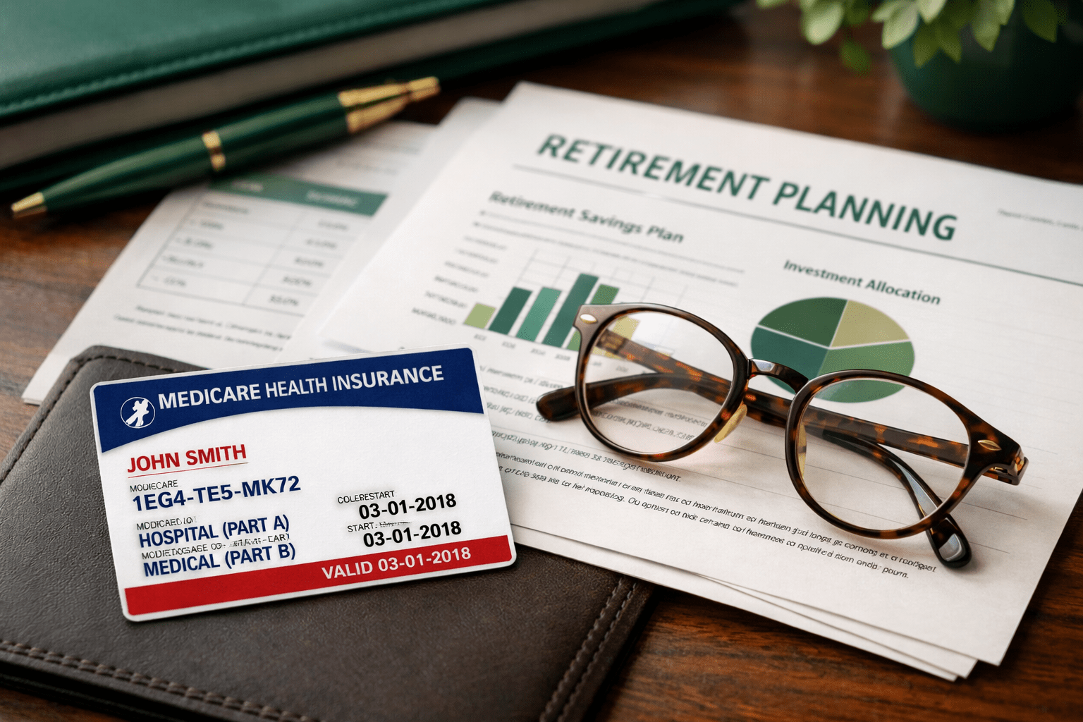 Medicare card with retirement planning paperwork showing Medicare coverage and healthcare cost planning