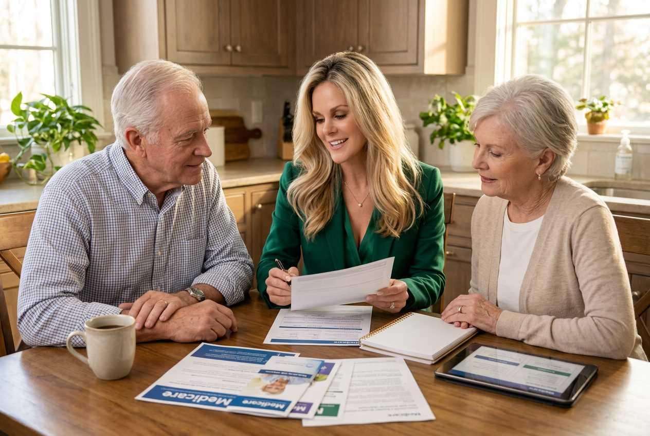 Robin reviewing Medicare plan documents with clients during an in-home consultation