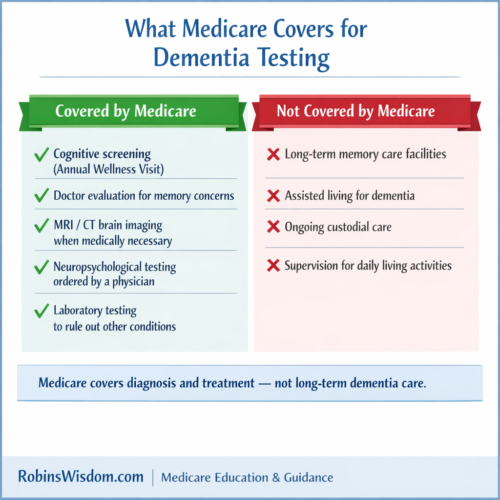 chart showing what Medicare covers for dementia testing including cognitive screening MRI CT scans and tests not covered such as long-term memory care