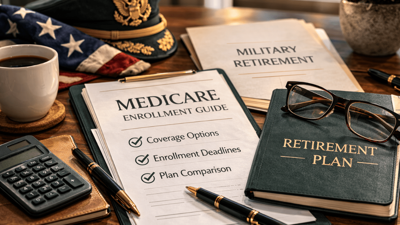 military retirement planning documents and Medicare enrollment paperwork on desk
