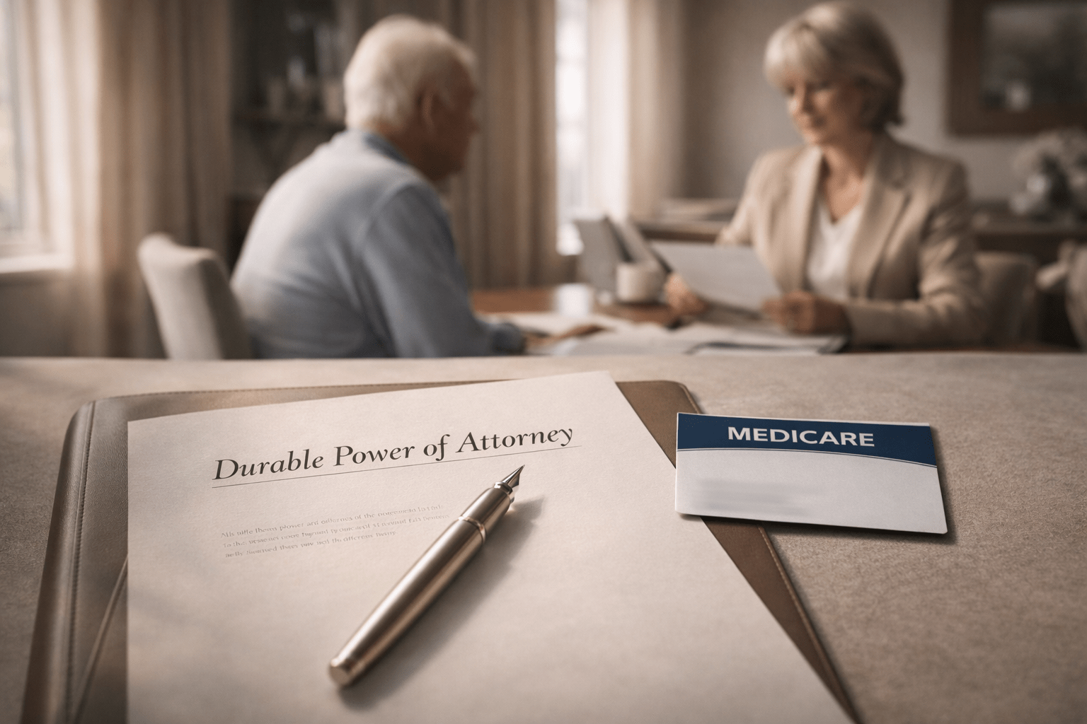 Durable Power of Attorney document and Medicare card during caregiver planning discussion