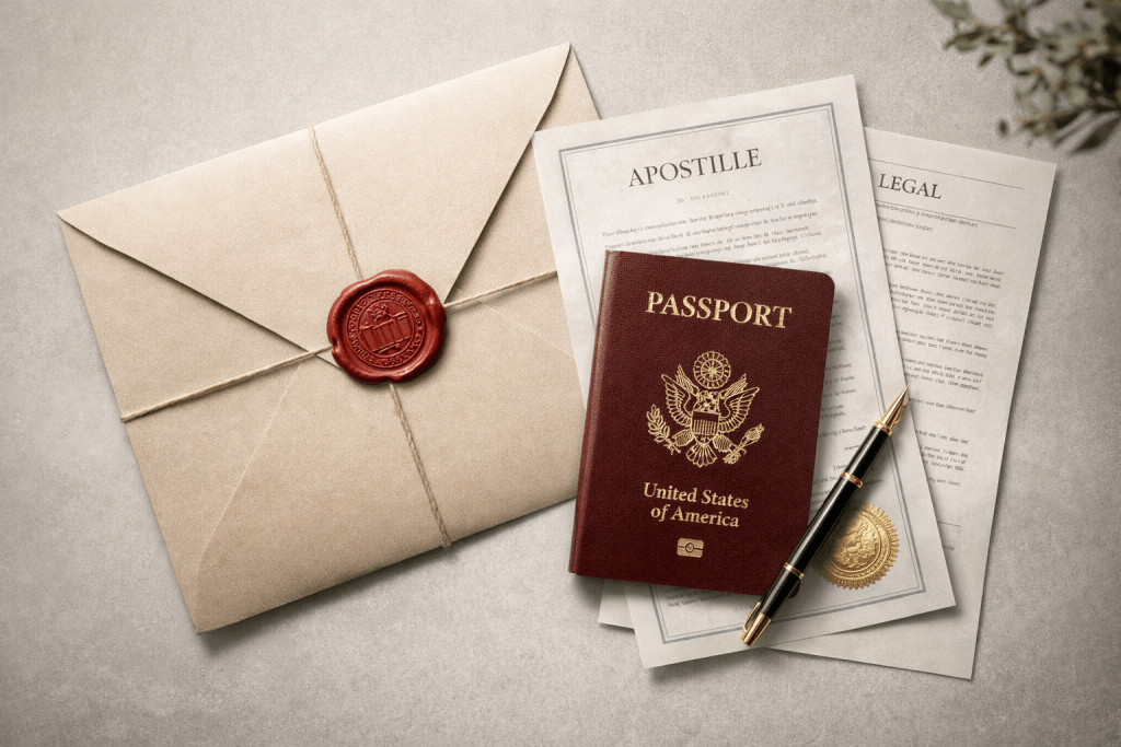 Sealed envelope with notarized documents ready for secure international shipping