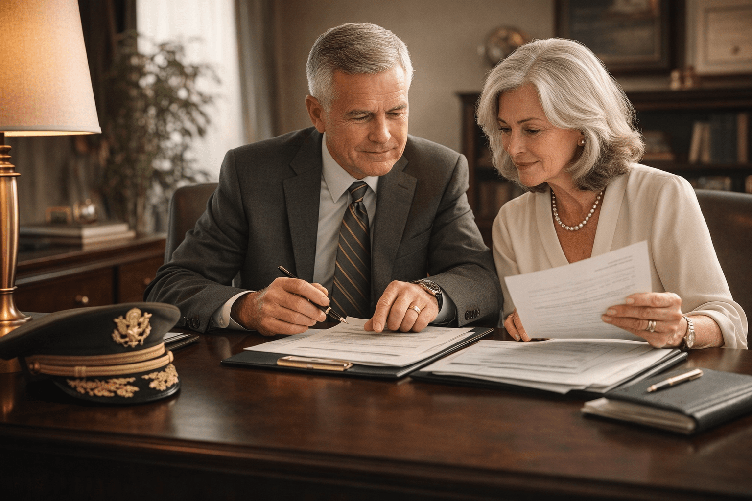 military retiree couple reviewing TRICARE For Life and Medicare paperwork with advisor