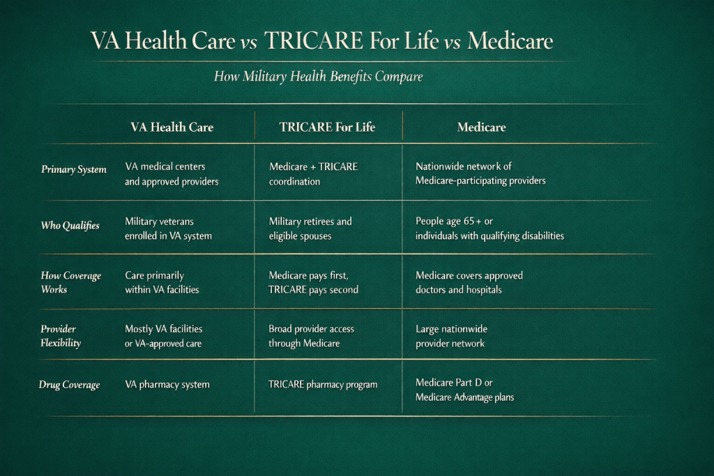 comparison chart showing differences between VA health care, TRICARE for Life, and Medicare for veterans and military retirees