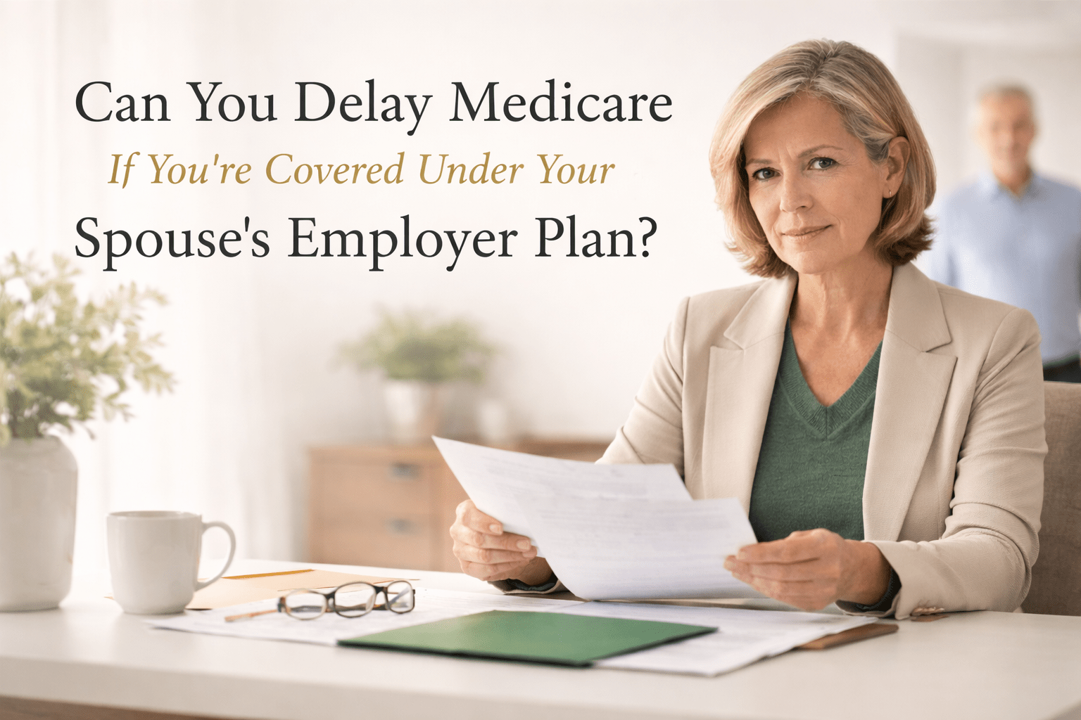 Woman reviewing health insurance paperwork at home, representing decision about delaying Medicare while covered under a spouse’s employer plan