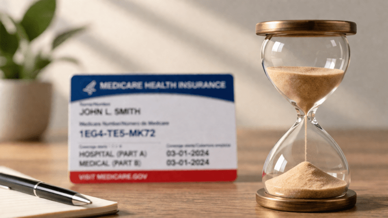 Medicare card on a desk beside a hourglass, representing Medicare enrollment deadlines and late enrollment penalties.