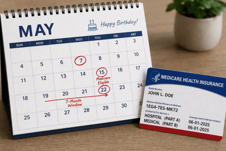 Calendar showing a seven-month Medicare enrollment window next to a Medicare card, representing when someone first becomes eligible for Medicare.
