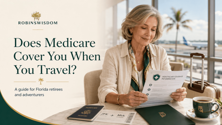 Featured image for Medicare travel coverage article showing a Florida retiree at an airport with healthcare documents, passport, boarding pass, and suitcase.