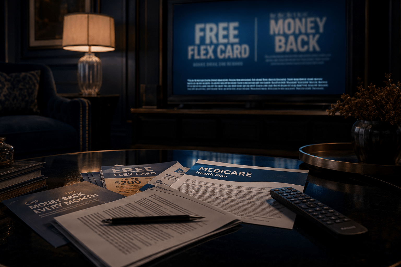 Medicare advertisements on TV with flex card mailers and fine print documents on a coffee table.