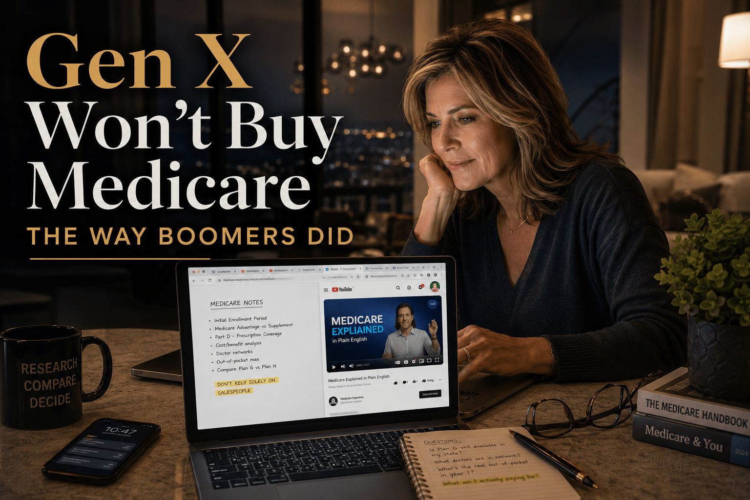 Confident Gen X woman researching Medicare online at night while comparing YouTube videos, notes, and plan information on her laptop.