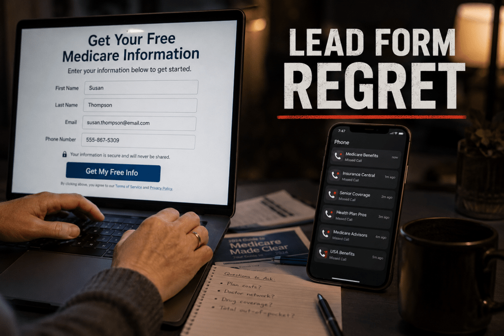 Person filling out an online Medicare lead form while receiving multiple incoming sales calls on their phone, illustrating modern Medicare lead-generation and spam call concerns.