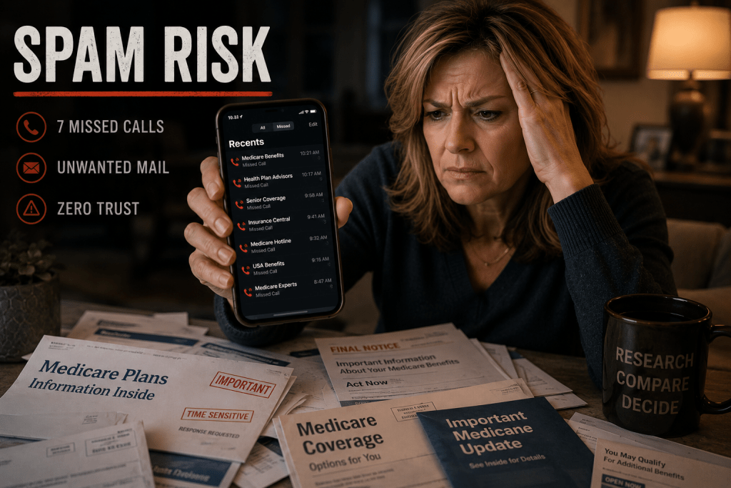 Concerned Gen X woman surrounded by Medicare mail while holding a phone filled with spam Medicare calls, illustrating trust fatigue and scam concerns.