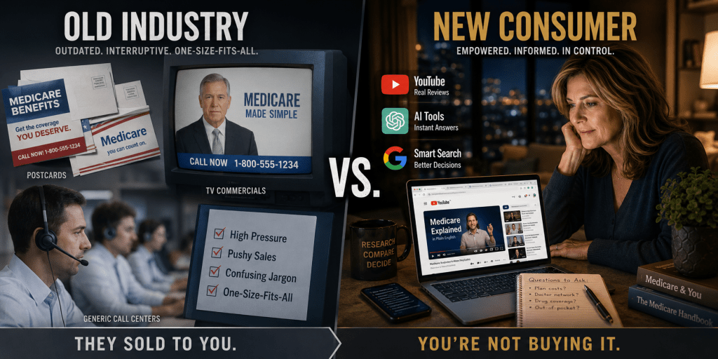 Split-screen image comparing old Medicare marketing with modern Gen X Medicare research, showing postcards, TV commercials, call centers, YouTube, AI tools, Google search, and a confident Gen X woman researching Medicare online.