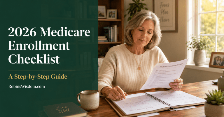 Woman reviewing her 2026 Medicare enrollment checklist at a home desk — RobinsWisdom