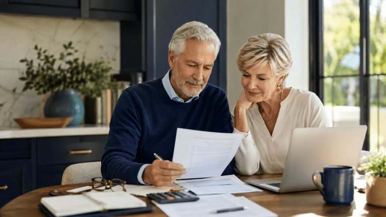 Retired couple reviewing income and Medicare planning documents for projected 2027 IRMAA brackets