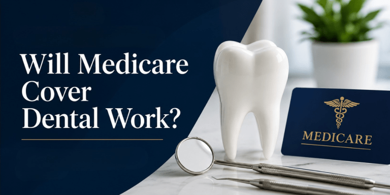 Dental model and Medicare card on an upscale desk for an article explaining whether Medicare covers dental work in 2026.