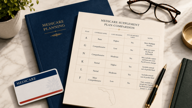 Medicare Supplement plan comparison worksheet for Florida Medicare planning on an upscale desk