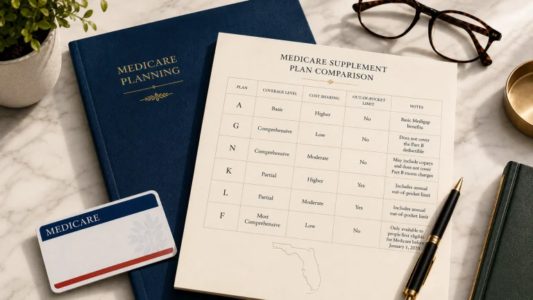 Medicare Supplement plan comparison worksheet for Florida Medicare planning on an upscale desk