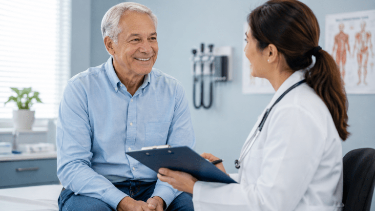 Older Medicare patient speaking with a doctor during a wellness visit in a medical exam room.
